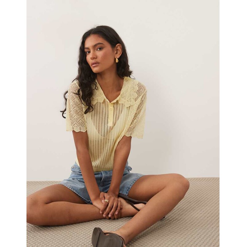 Miss Selfridge crochet knitted polo in buttermilk-Green