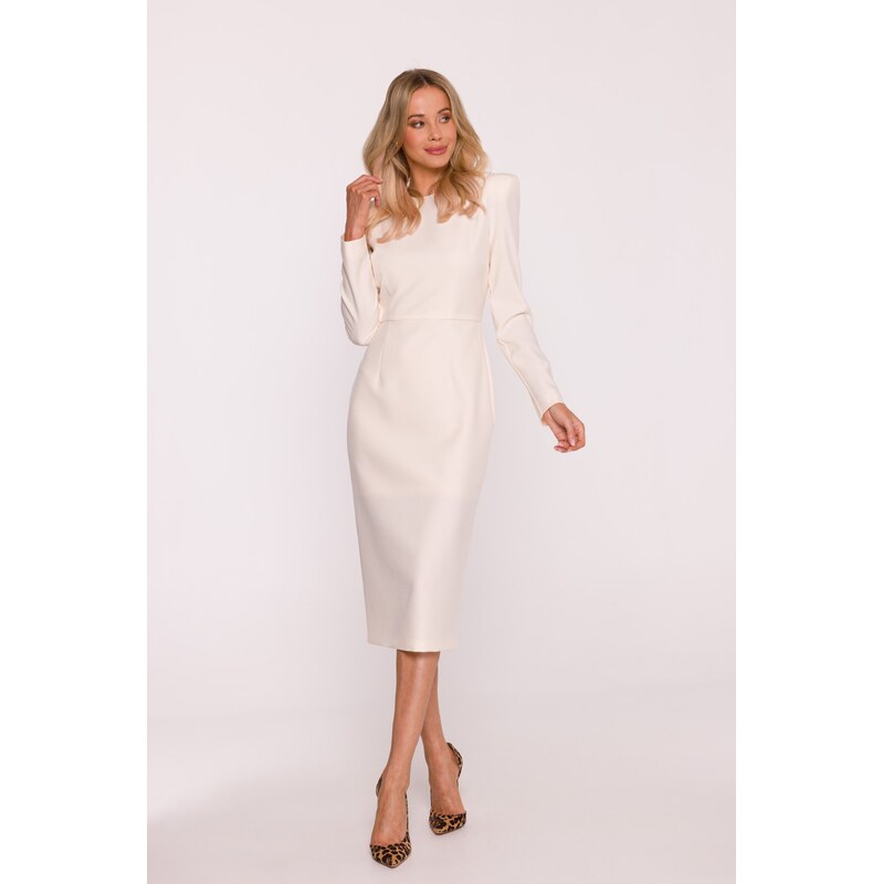 Stylove Dámské midi pouzdrové šaty s ozdobnými rameny - ivory