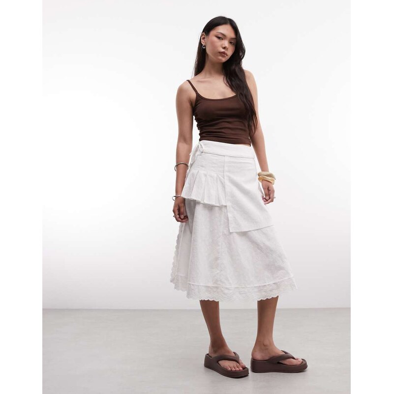 Daisy Street broderie midi skirt with overlay in white