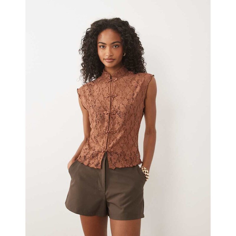 ASOS DESIGN lace rouleaux loop detail waist coat in brown