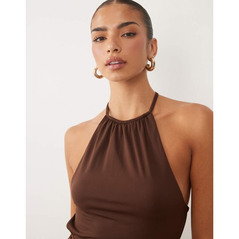 ASOS DESIGN polyamide high neck cut away cinched halter in