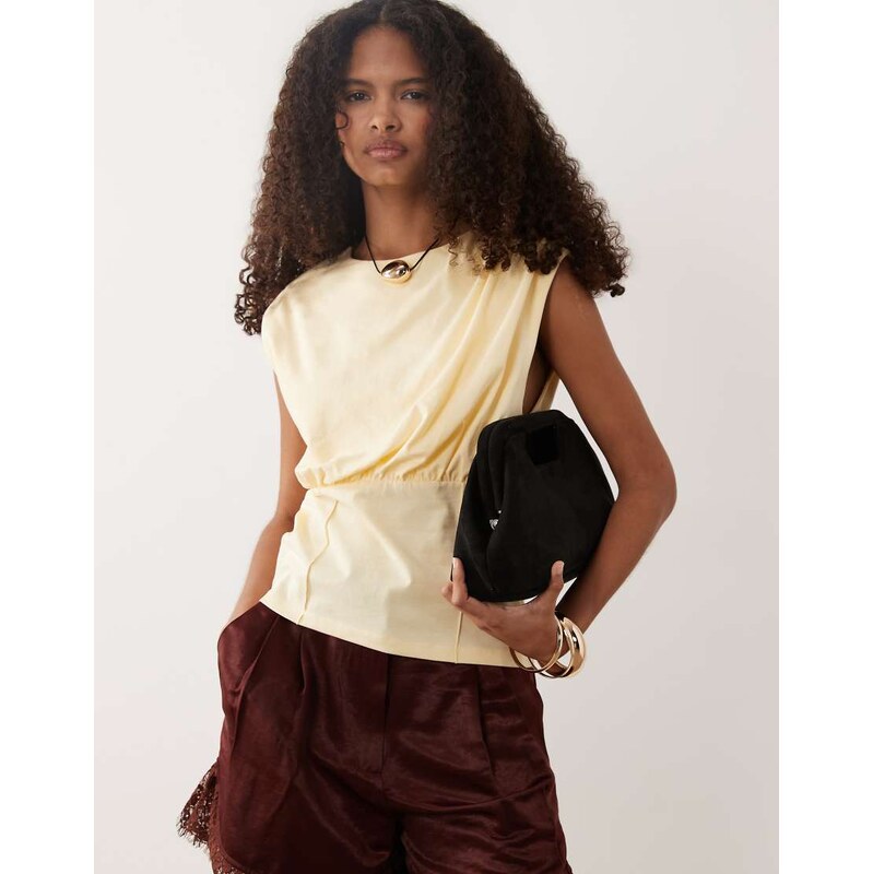 ASOS DESIGN Corset waist top with ruched top in cream-White