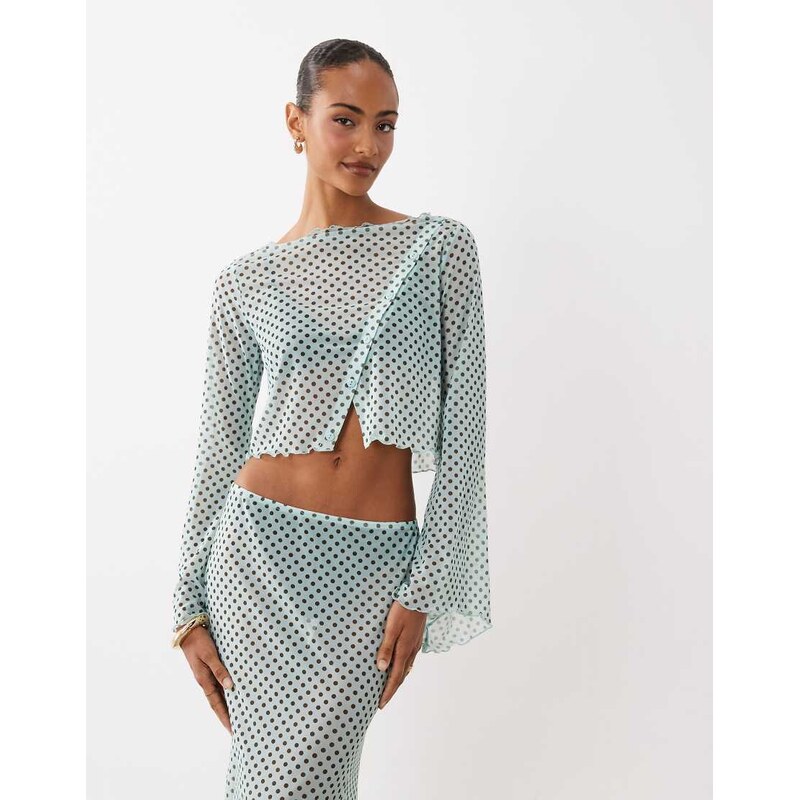 ASOS DESIGN mesh co-ord printed angel sleeve button through top