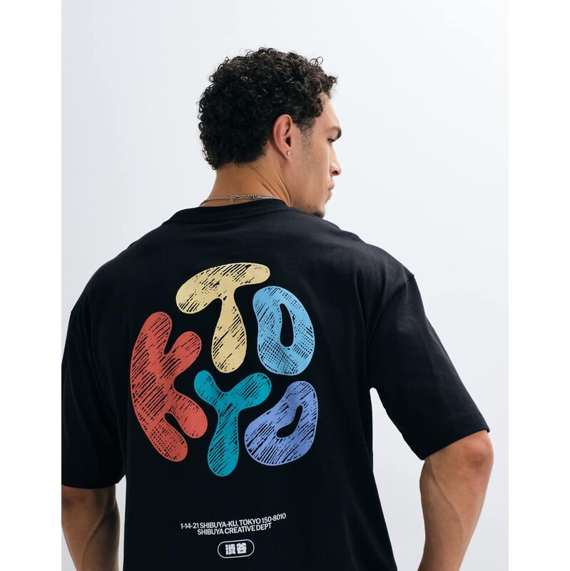 ASOS DESIGN boxy oversized t-shirt with scribbled Kyoto bubble