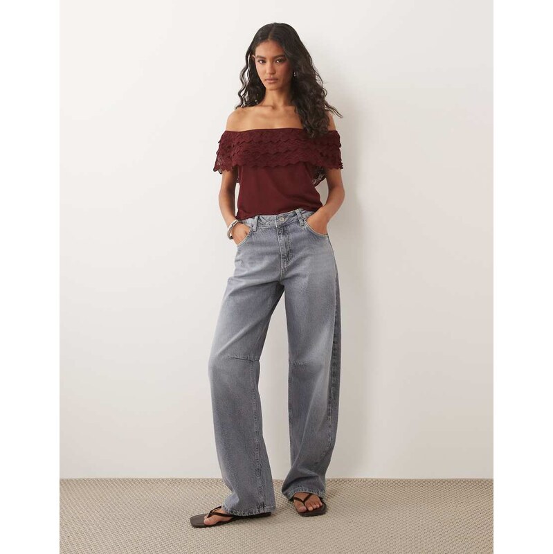 Miss Selfridge knitted frill bardot top in burgundy-Black