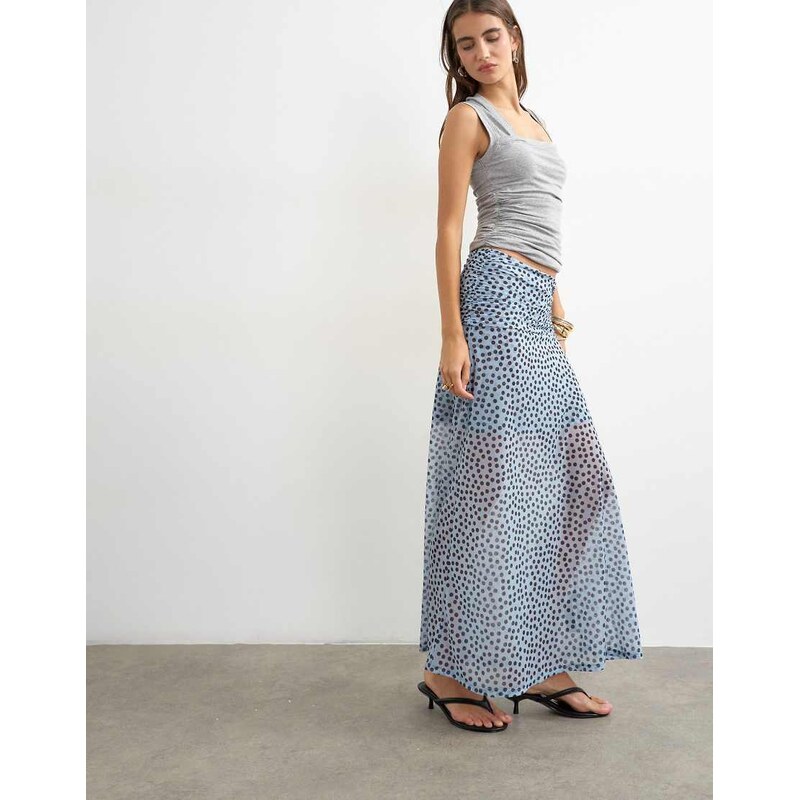 Topshop polka dot ruched skirt in blue