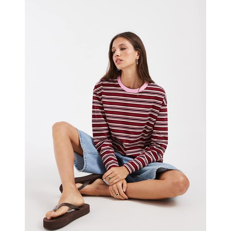 Vero Moda cotton oversized long sleeve t-shirt in pink and red