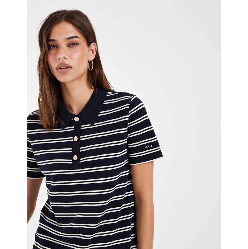 Gant long sleeved striped polo in navy and grey