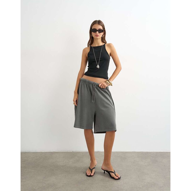 Topshop washed long line tie detail shorts in washed charcoal