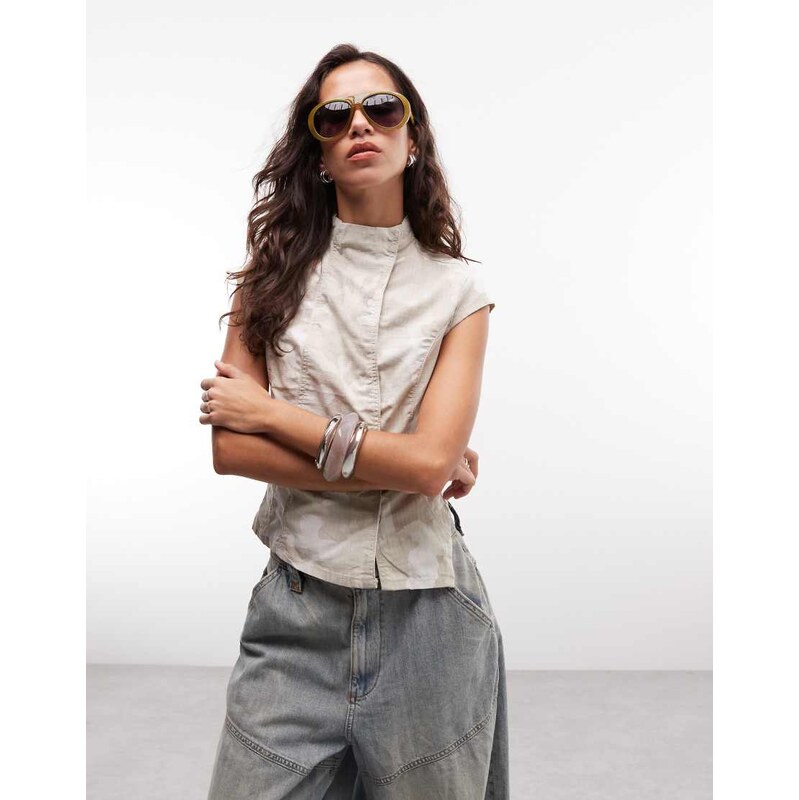 Weekday high neck ripstop top in camo print-Neutral