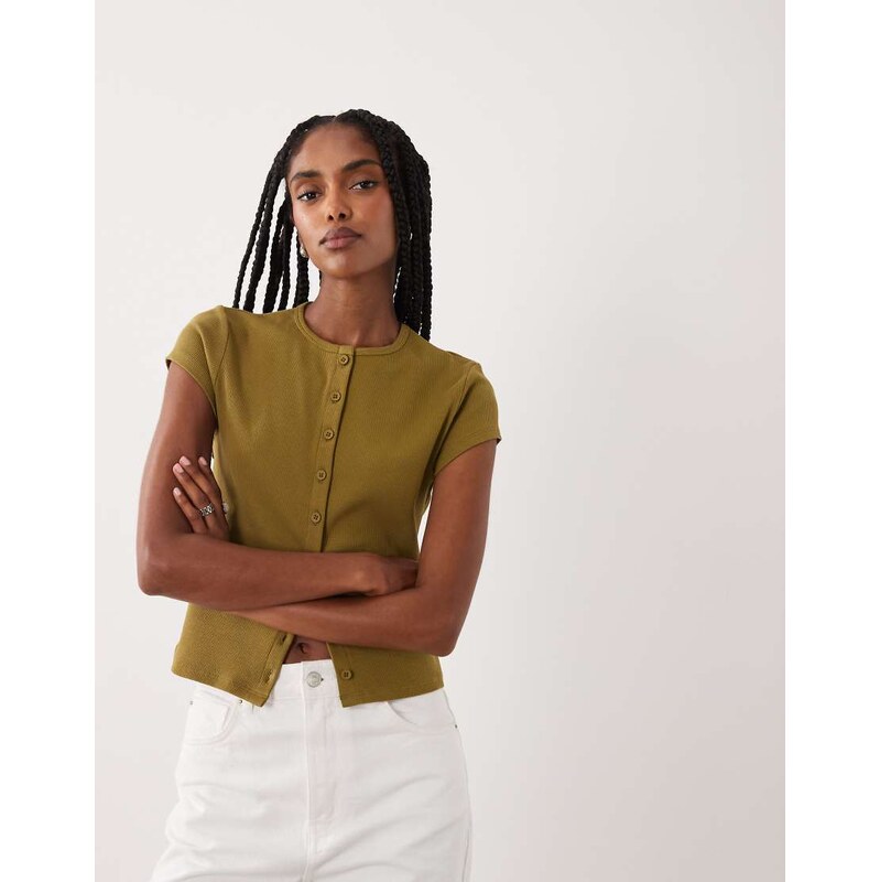 Miss Selfridge button through top in olive-Green