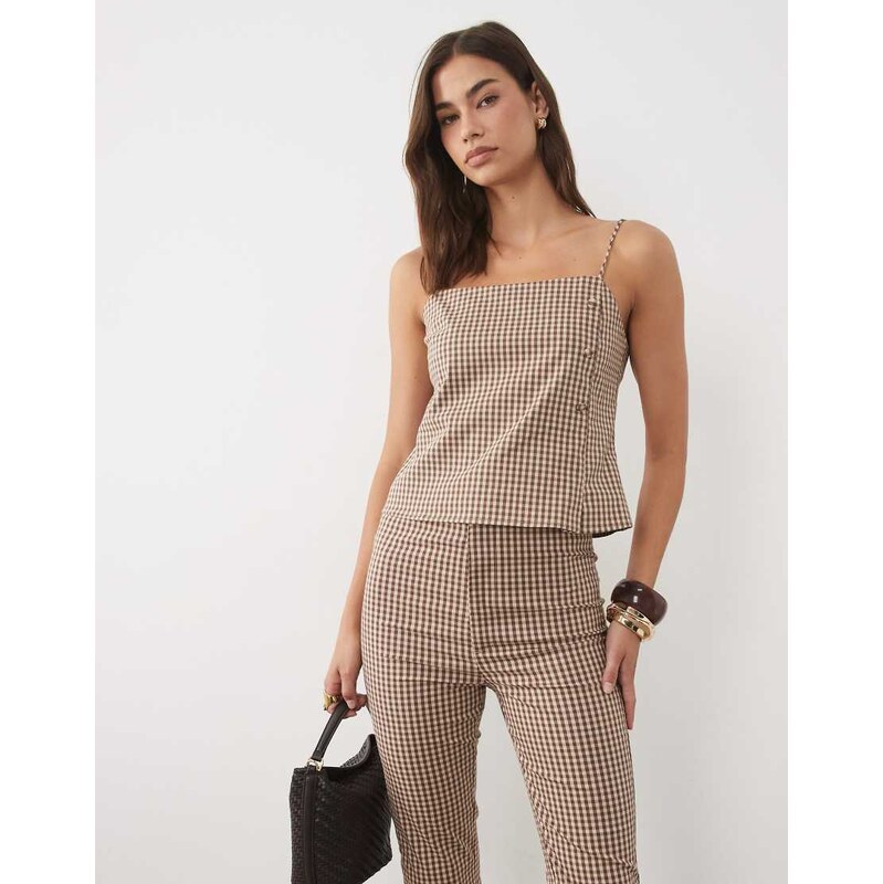 Mango Farm cotton rich strappy cami top co-ord in brown gingham