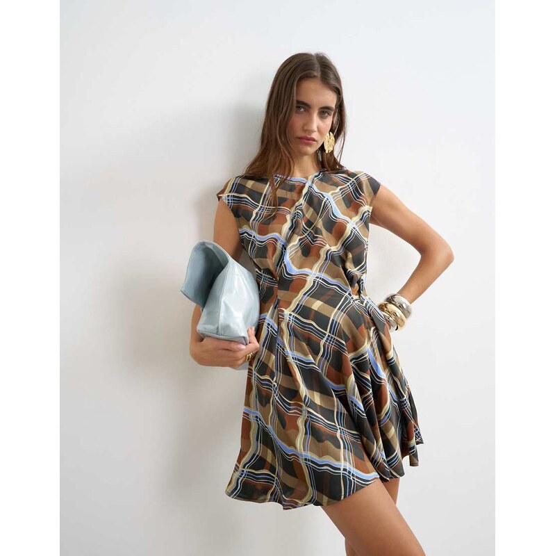 Topshop satin short sleeve asymmetric tunic mini dress in warped