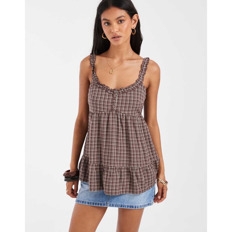Hollister babydoll tunic top with tie back detail in brown check