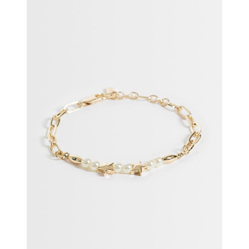 ASOS DESIGN faux pearl star and chain bracelet in gold