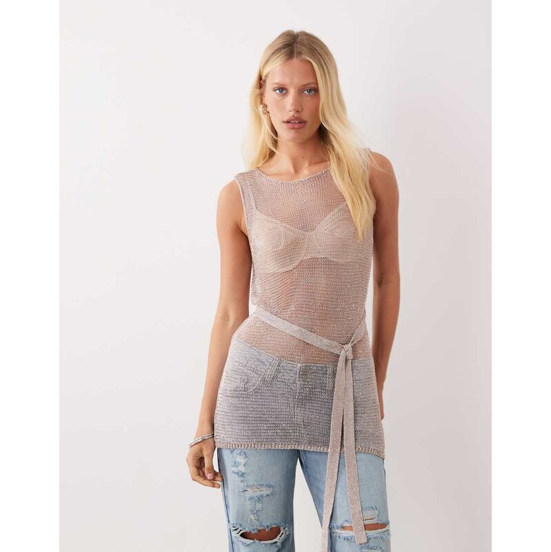 ASOS DESIGN metallic knit longline vest with belt in rose gold