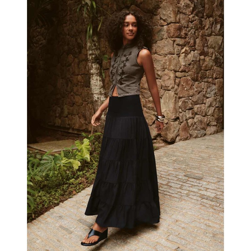Bershka Fold-over waist midi skirt in black