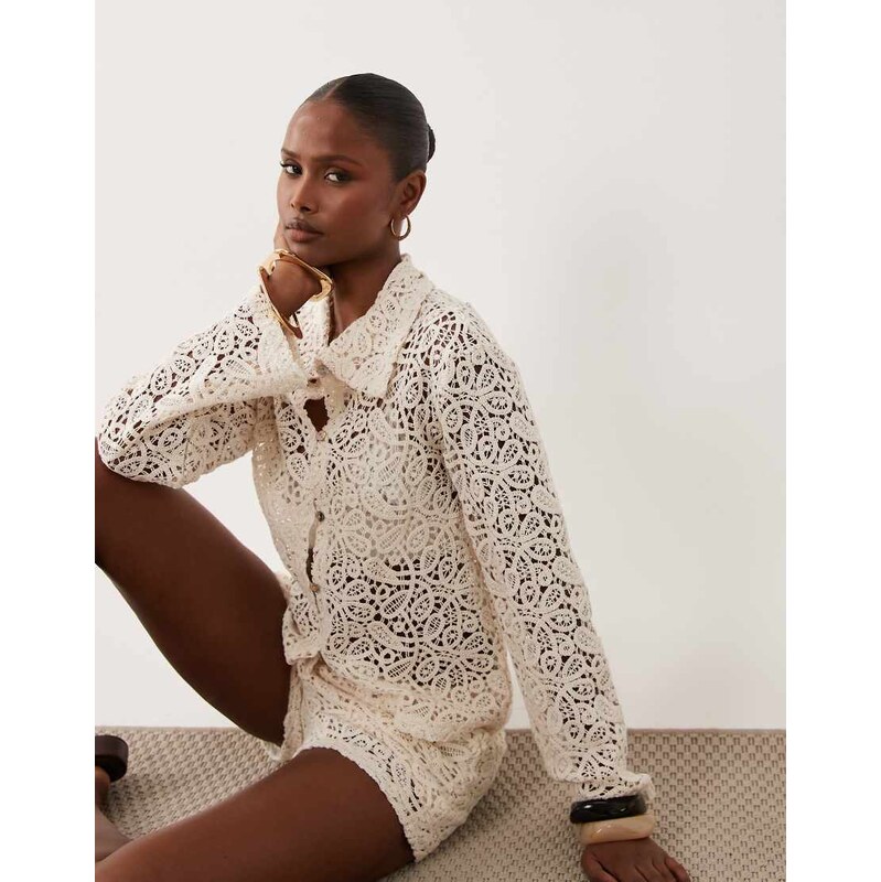 Gina Tricot co-ord knitted crochet shirt in off white