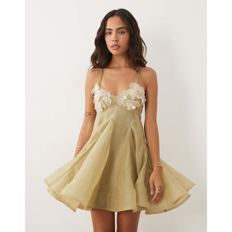 ASOS DESIGN organza mini dress with floral bust detail in beige