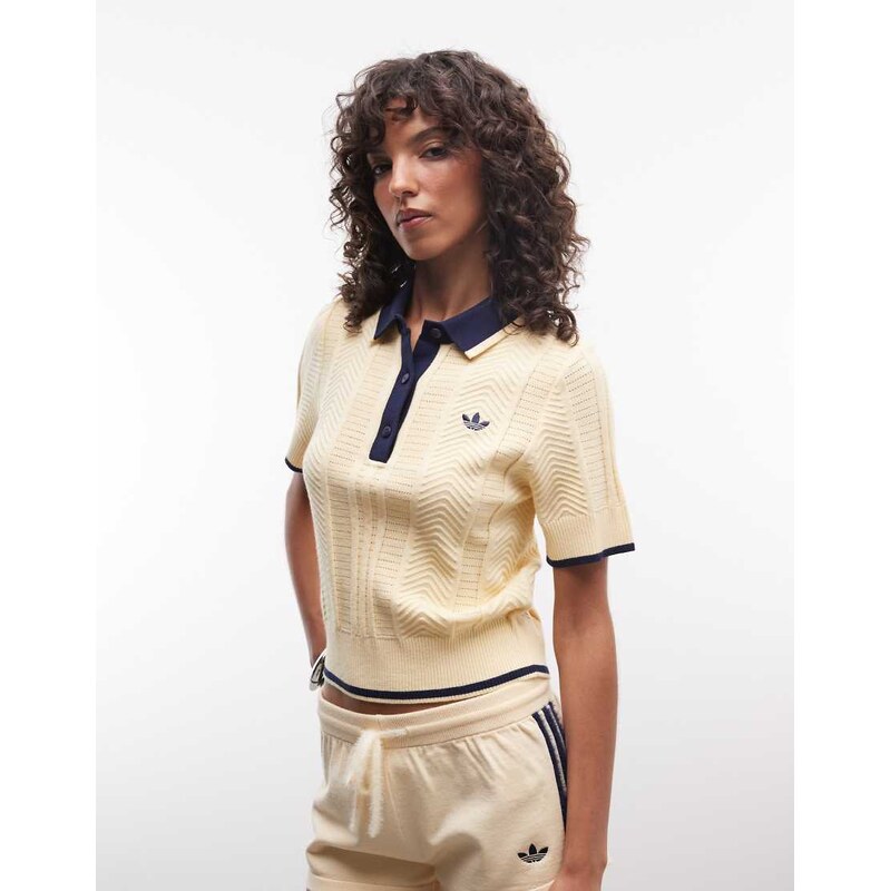 adidas Originals cable knit polo in cream-White