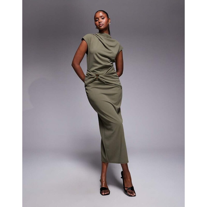 ASOS DESIGN cap sleeve wrap trim midi dress in khaki-Green