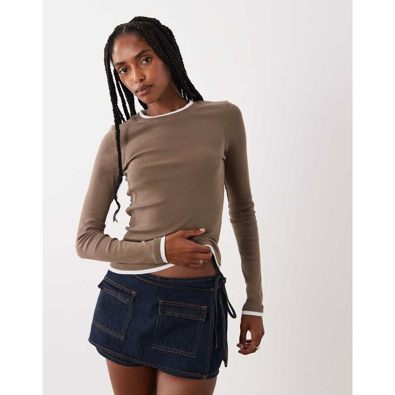 Brave Soul double layer long sleeve tee in mocha-Brown