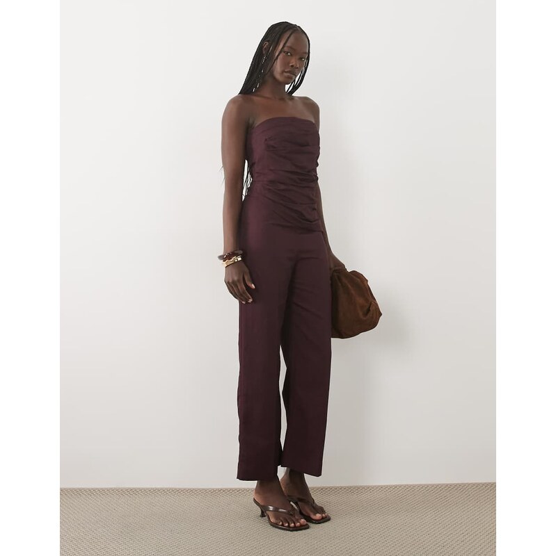 Mango linen mix off shoudler structured jumpsuit in deep red