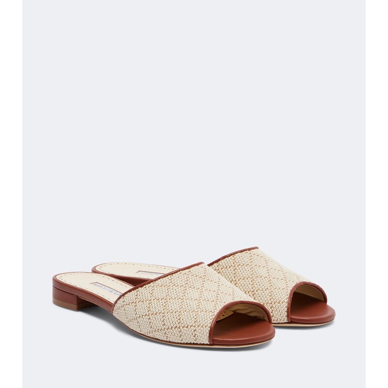 Manolo Blahnik Smirna leather-trimmed raffia-effect slides