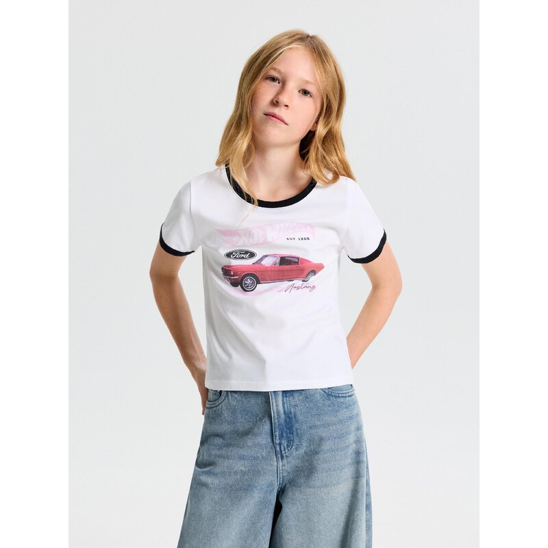 Sinsay - Bavlněná košilka s potiskem Hot Wheels x Ford - bílá
