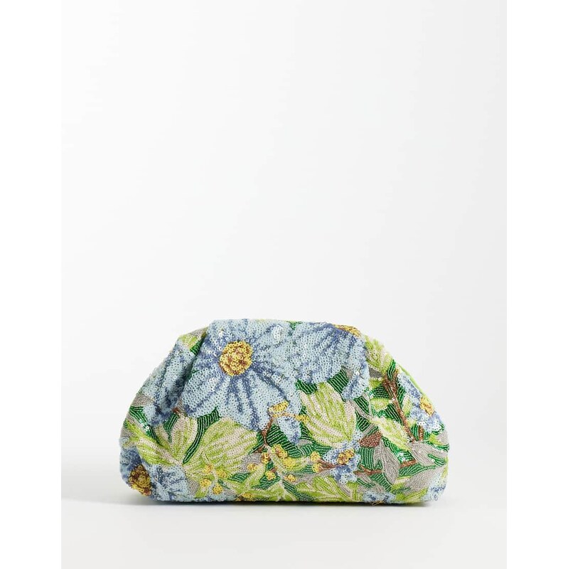 True Decadence embellished floral pillow clutch in green and