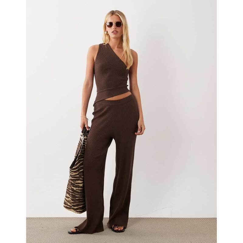 ASOS DESIGN rib knit straight leg trouser co-ord in chocolate