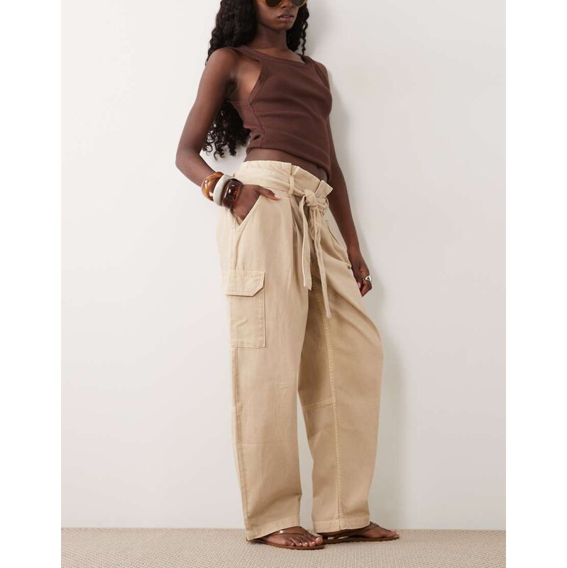 ASOS DESIGN tapered trouser with paperbag waist detail in ecru