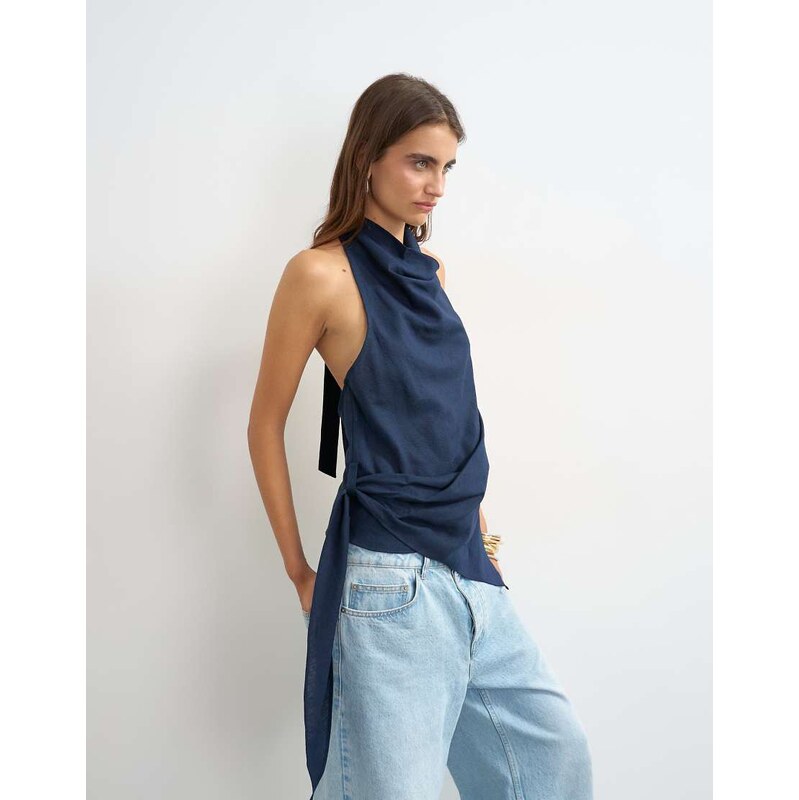 Topshop linen rich cowl tie detail top in navy