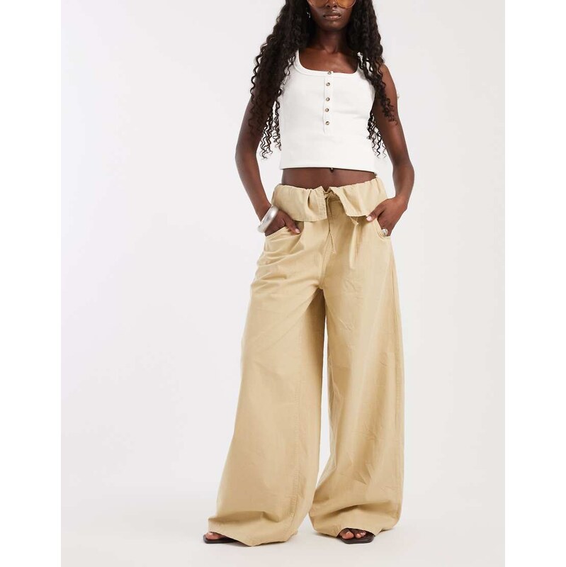 ASOS DESIGN fold waist wide leg trouser in stone-Neutral