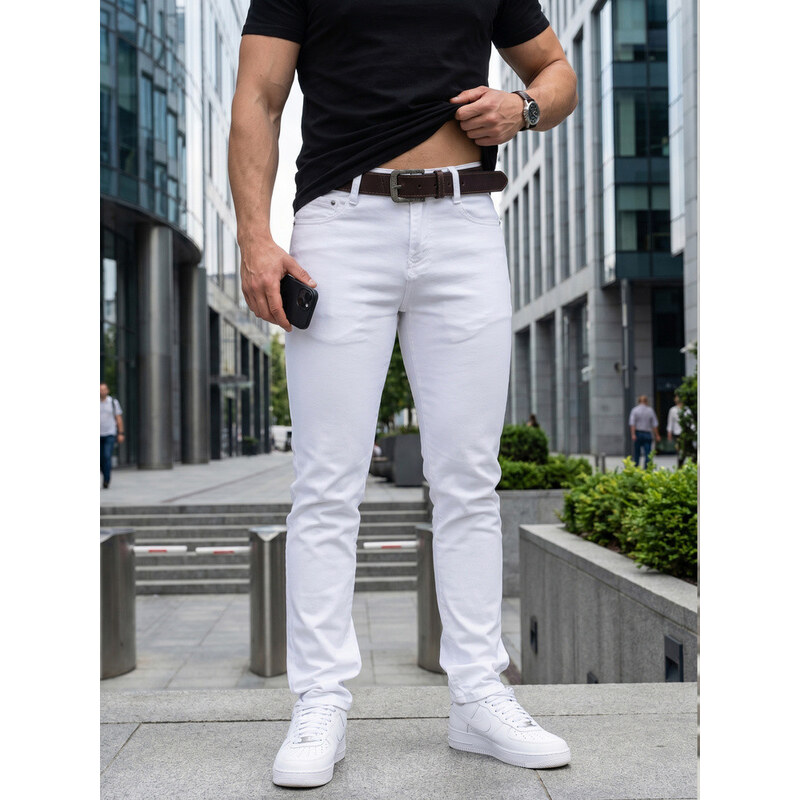 Pánské džíny slim fit s páskem bílé FashionStreet UX4498