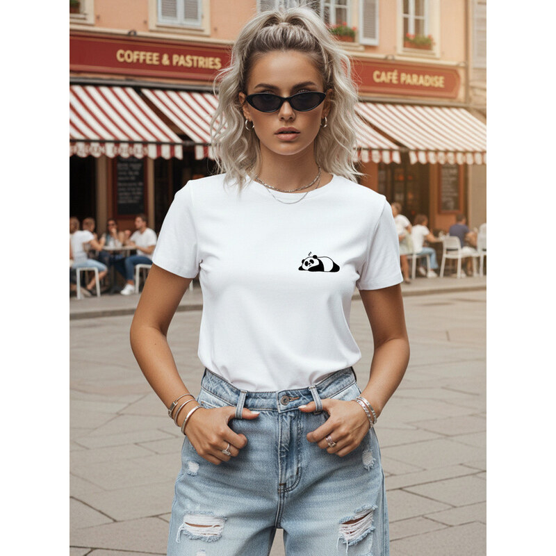 Dámské bavlněné tričko s potiskem pandy, bílé, FashionStreet