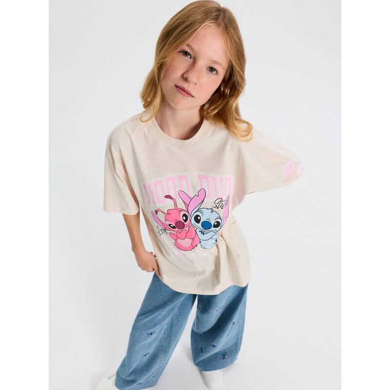 Sinsay - Bavlněná košilka s potiskem Stitch - béžová