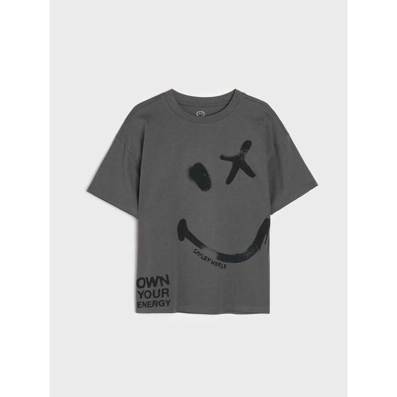 Sinsay - Bavlněné oversize tričko s potiskem SmileyWorld - šedá