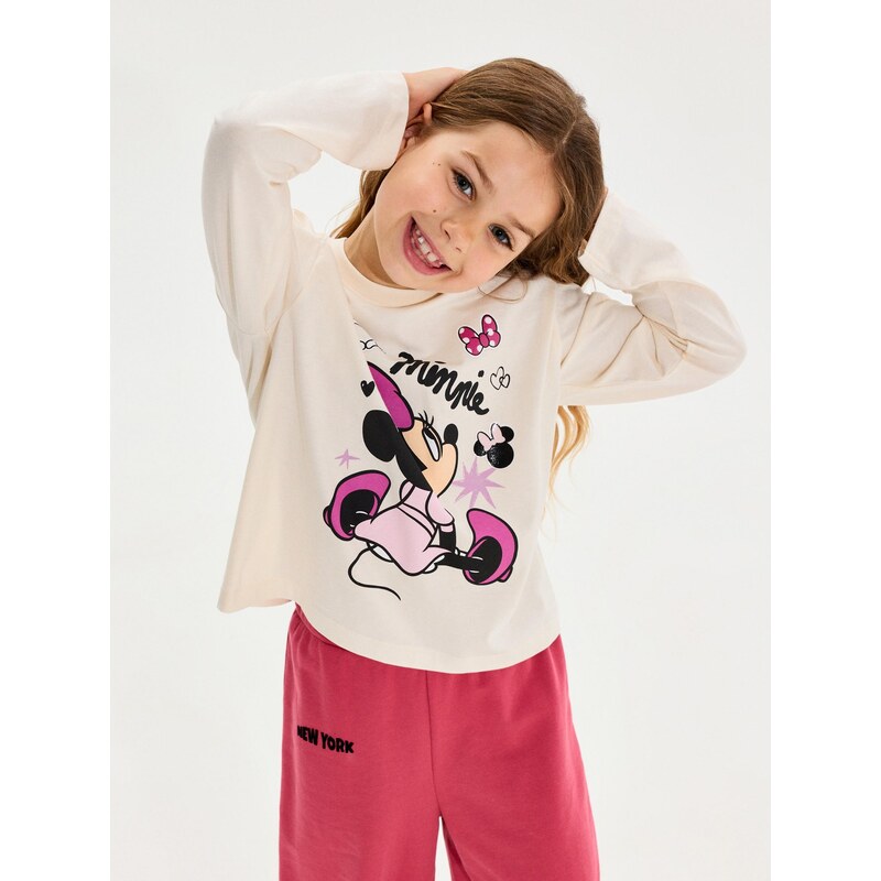 Sinsay - Bavlněné Tričko s Potiskem Minnie Mouse - krémová