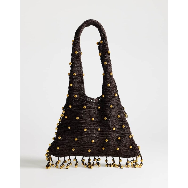 Topshop Molly medium woven beaded bag in chocolate-Brown