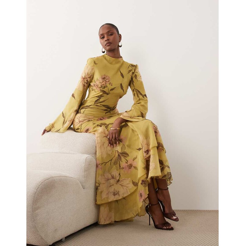 ASOS DESIGN long sleeve high neck maxi dress with ruffle godets