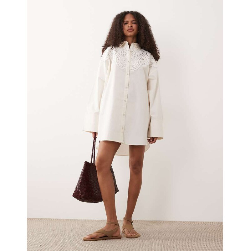 ASOS DESIGN crochet detail mini shirt dress in cream-White