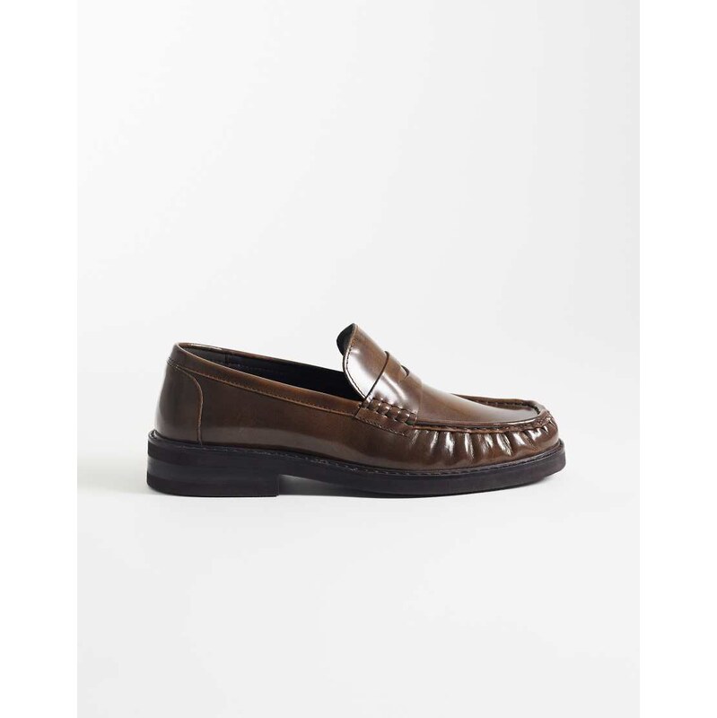 ASOS DESIGN penny loafers with ruched apron in brown leather