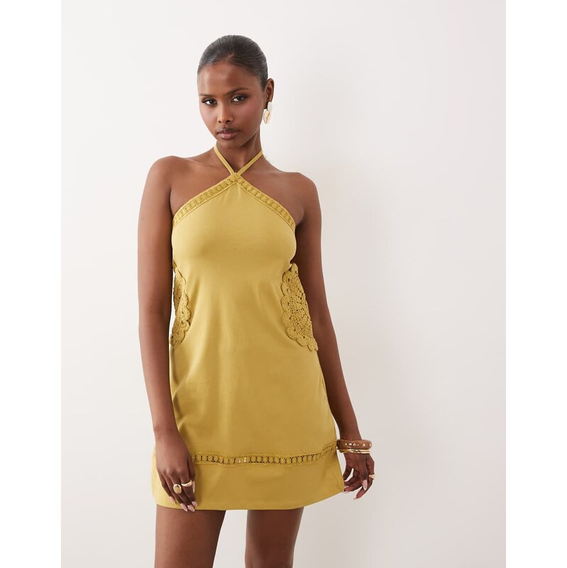 ASOS DESIGN fit and flare crochet patch halter mini dress in