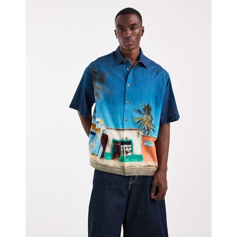 ASOS DESIGN oversized holiday print shirt with linen in blue