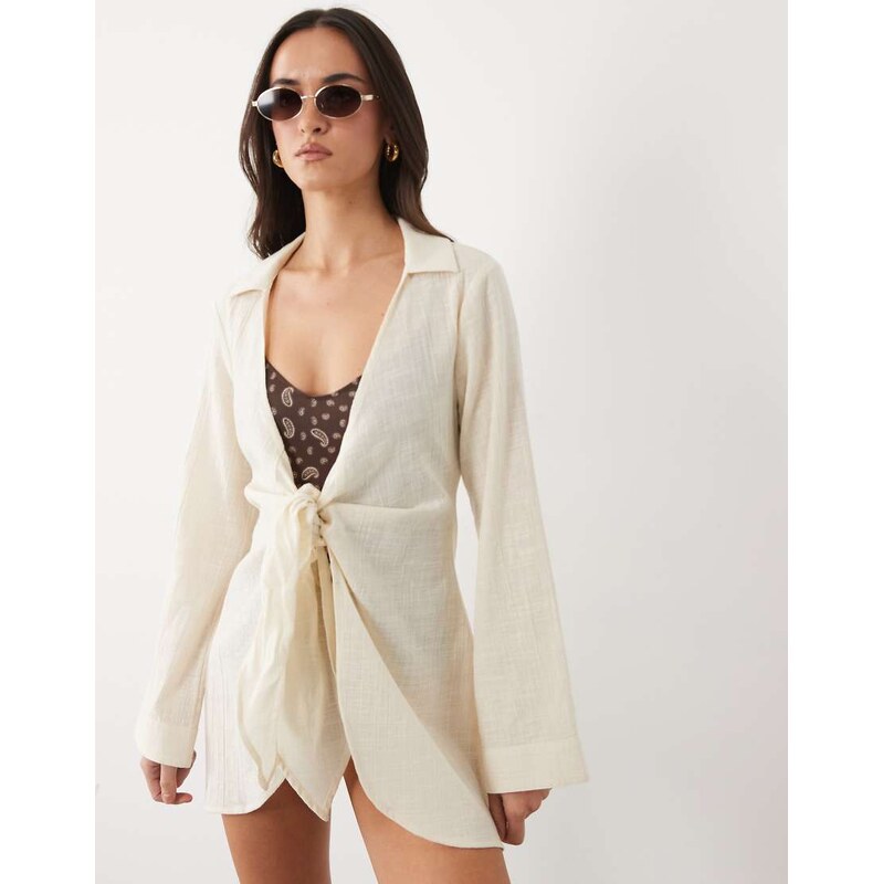 ASOS DESIGN Rina ruffle beach cover up in linen look - STONE
