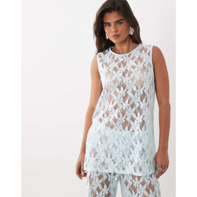 ASOS DESIGN co-ord lace over sized long line vest top in pale