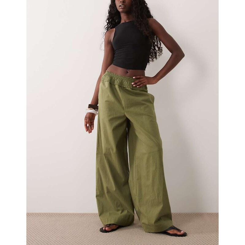 ASOS DESIGN shirred waist linen blend pull on trousers in khaki