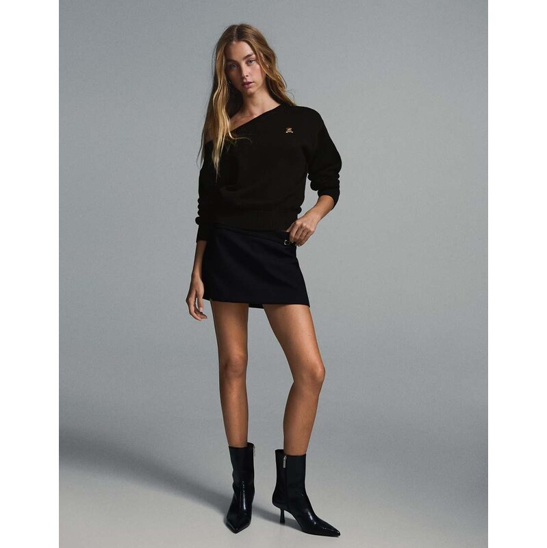 Bershka Embroidered boat neck jumper in black