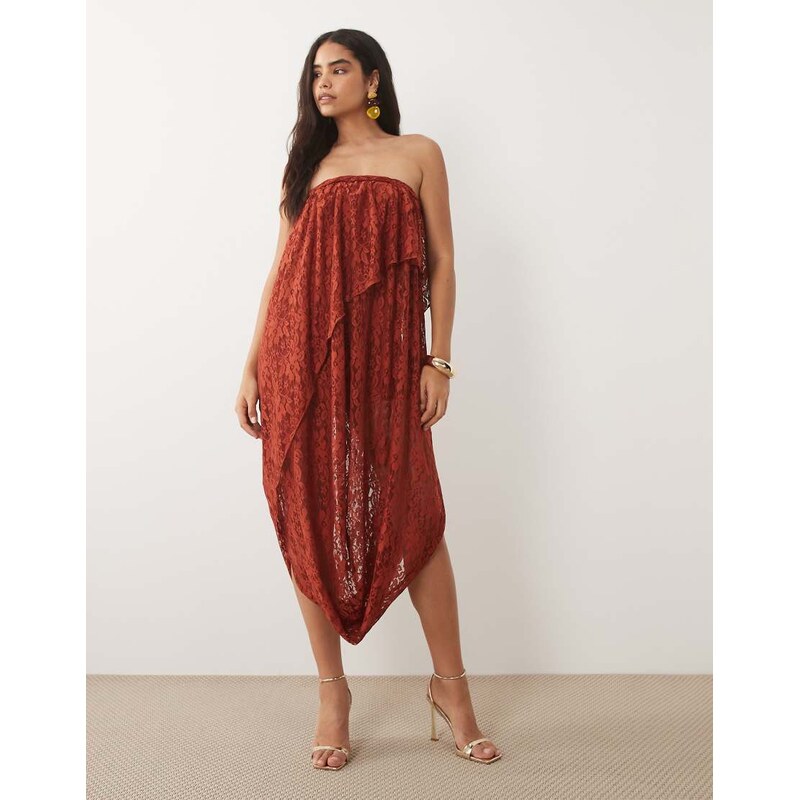 ASOS DESIGN lace bandeau asymmetric drape midi dress with plait